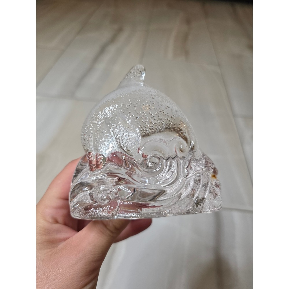 Clear Art Glass Dolphin Wave Votive Candle Holder Nautical Figurine 4.5‎ inch E1